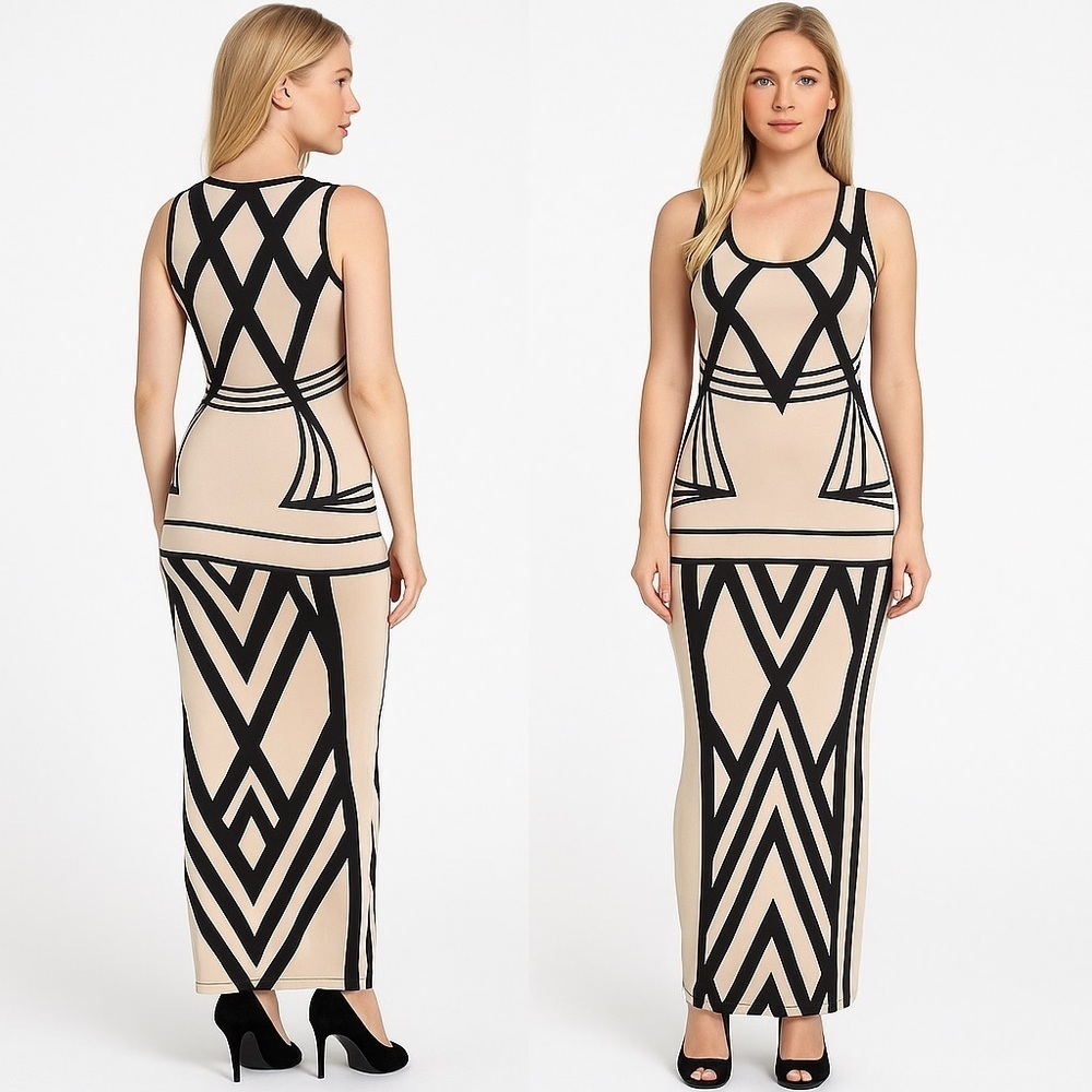 Ruiyige Black and Tan Striped Sleeveless Dress Small